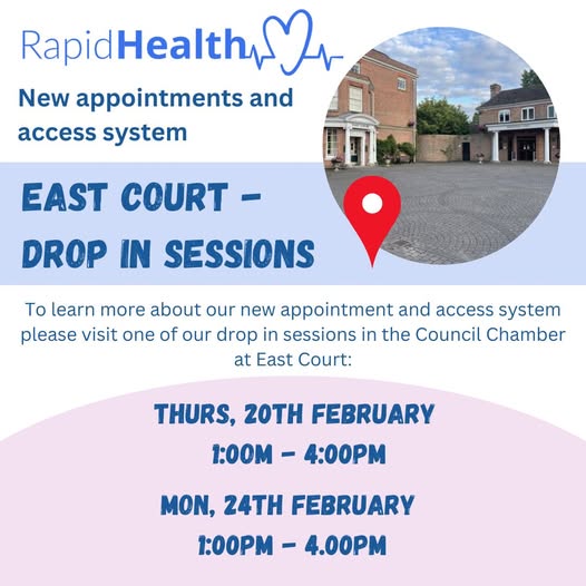 Drop in sessions on thurs 20th and Mon 24th February at East Court Council Chambers, 1.00 to 4.00pm